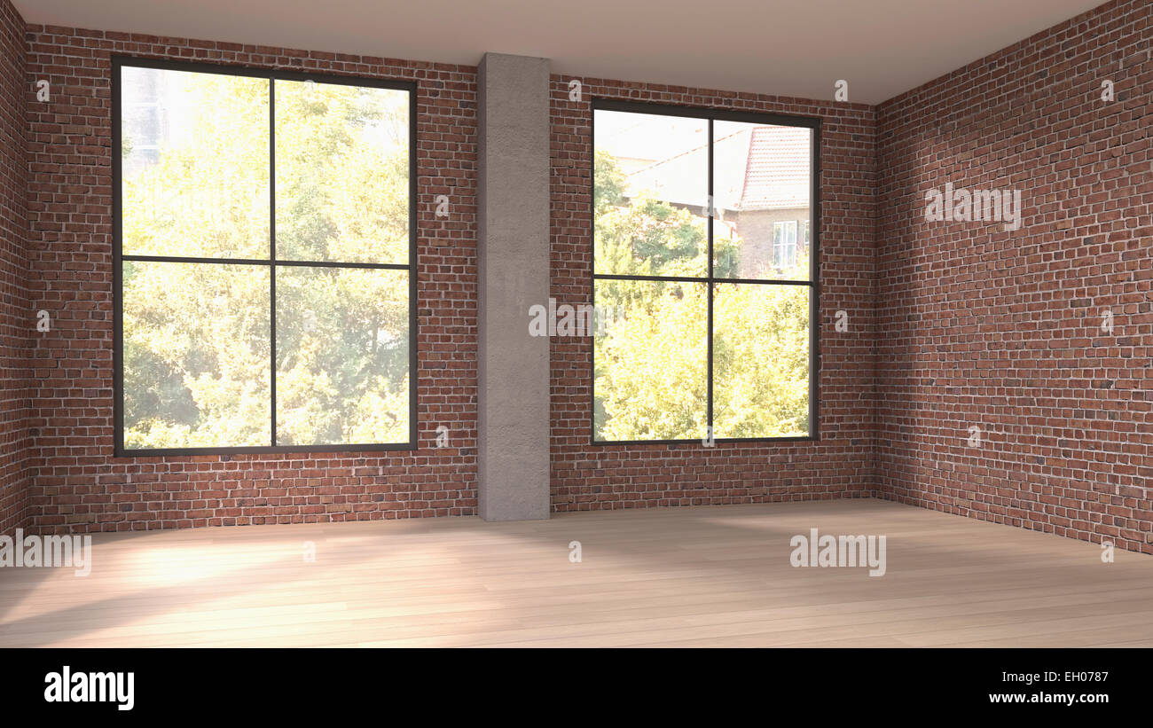 Leerer Raum mit zwei Fenstern, 3D Rendering Stockfoto