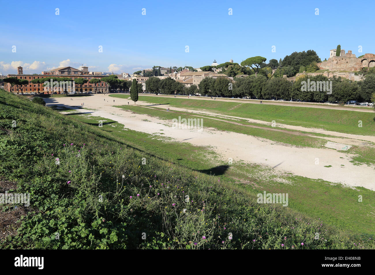 Italien. Rom. Circus Maximus. Antike römische Streitwagen-Rennen-Stadion. Ansicht. Die Ruinen. Stockfoto