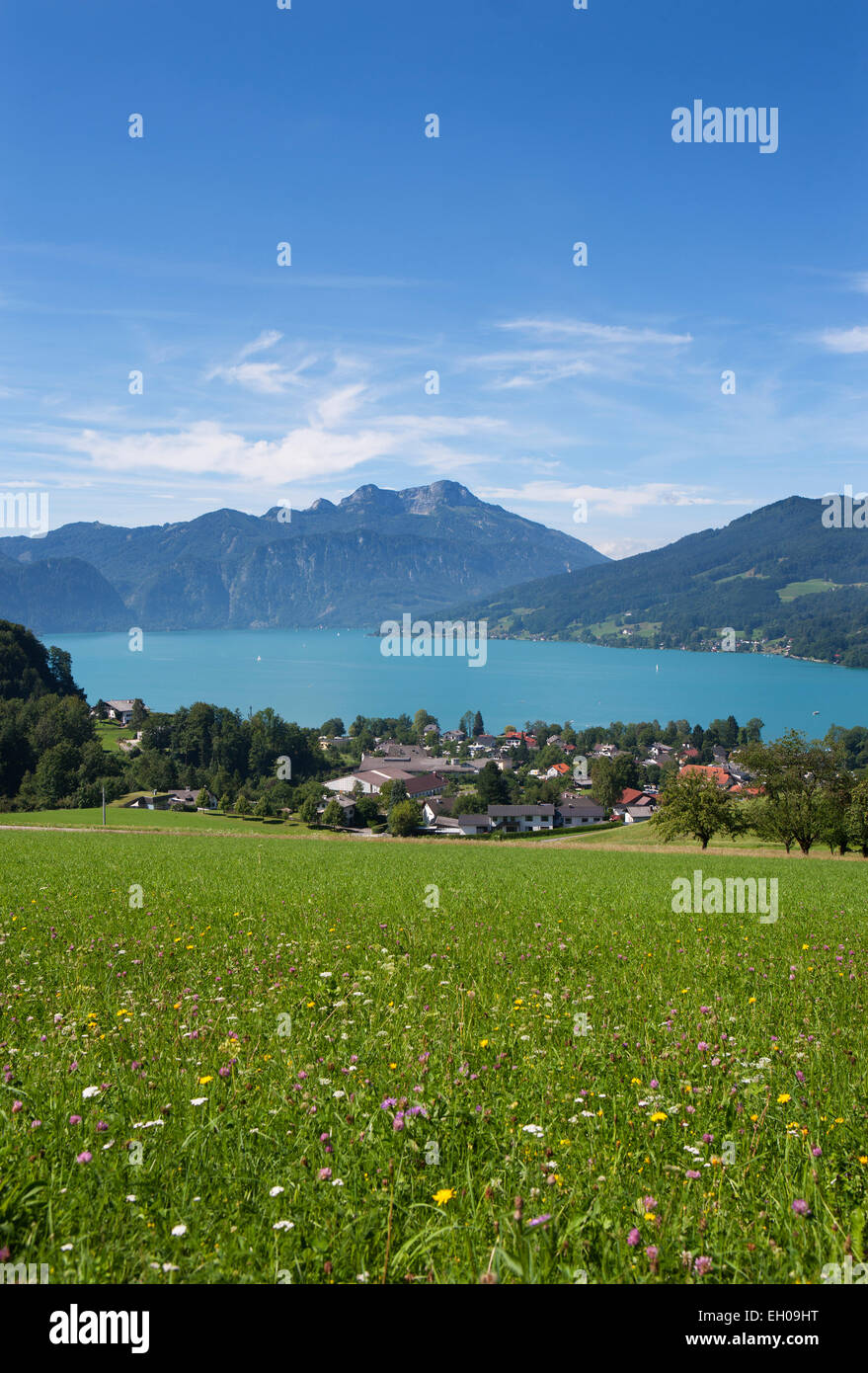 Österreich, Seefeld, mit dem Attersee und Schafberg Stockfoto