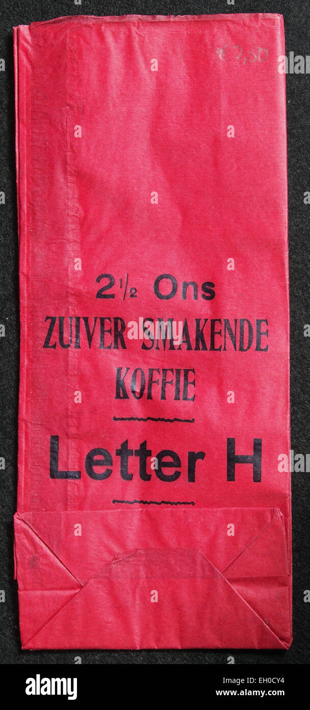 Buchstabe H 2,5 Ons Koffie Zakje van Handelsmaatschappij De Concurrent, Enschede, achterkant Stockfoto