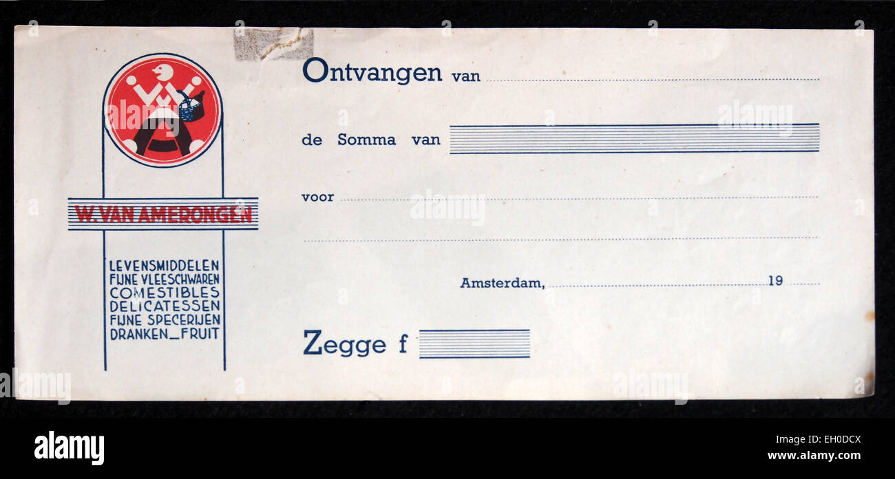 Ein von W. van Amerongen ausgestelltes Kündigungsdokument, das eine Finanztransaktion beschreibt. Dieses Dokument dient als Zahlungs- oder Abrechnungsnachweis, der üblicherweise in der geschäftlichen und privaten Finanzierung verwendet wird, um das Clearing einer Schuld oder Verpflichtung zu bestätigen. Stockfoto