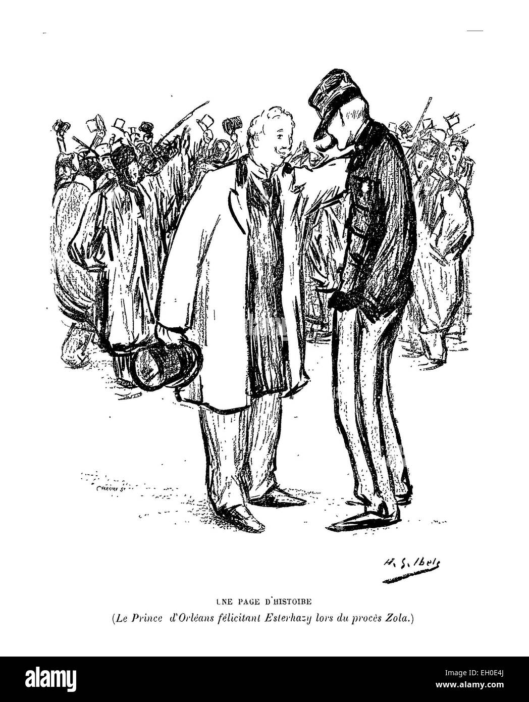 Diese Pressekarikatur aus dem Jahr 1898 zeigt Prinz d’Orléans, der Esterhazy während des Zola-Prozesses auffordert. Die Illustration fängt einen Moment aus einem bedeutenden historischen Ereignis in der französischen Politik und der Dreyfus-Affäre ein. Stockfoto