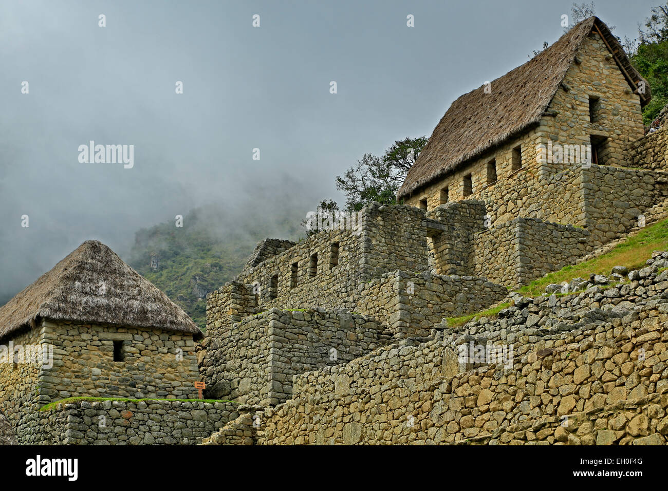 Häuser in Landwirtschaft, Machu Picchu Inka-Ruinen in der Nähe von Aguas Calientes, Cusco, Peru Stockfoto