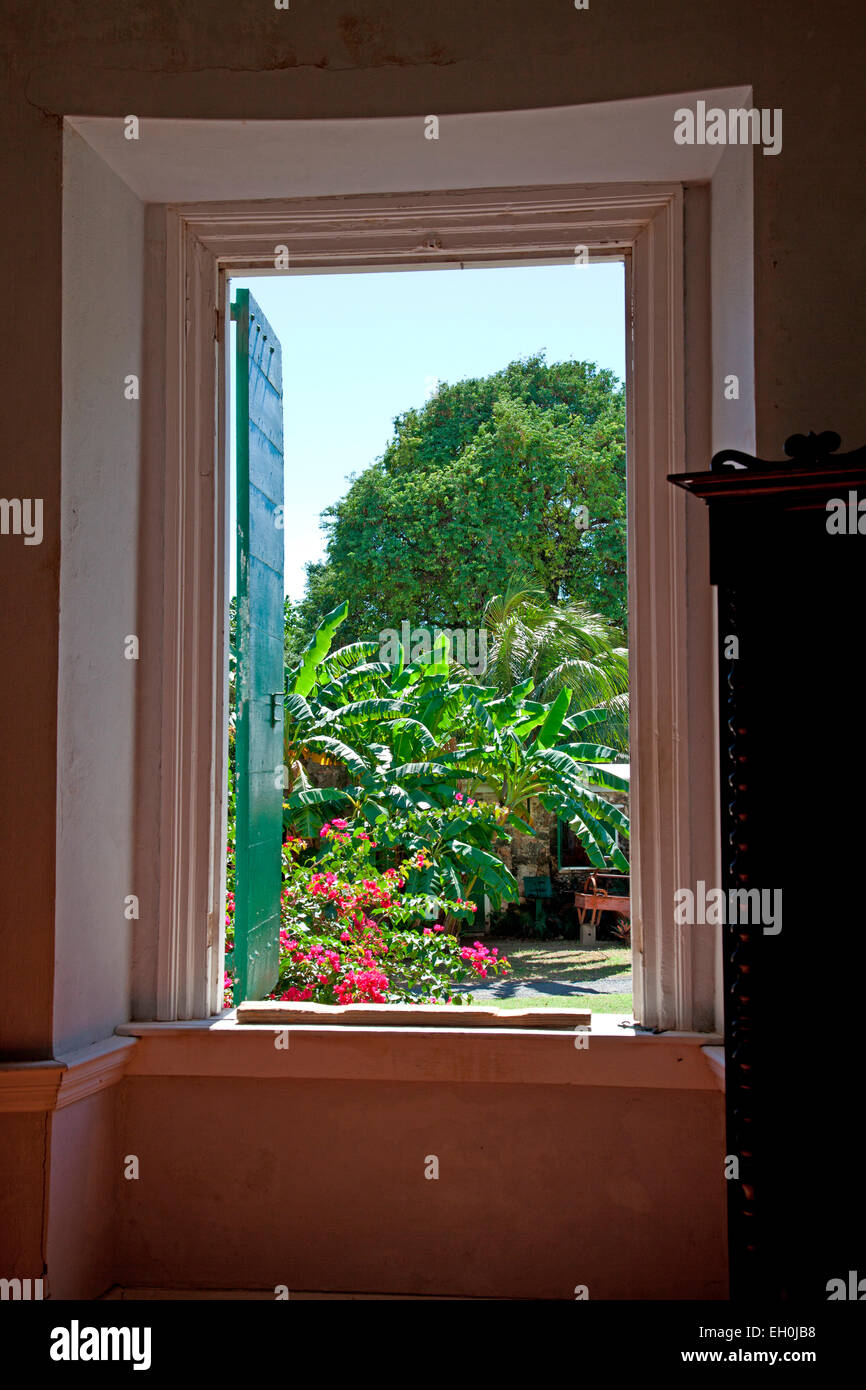 Frederiksted, St. Croix: Schlafzimmer Fenster Details der wichtigsten Immobilien-Hauses nach Lust und Laune Estate.  Jetzt ein Museum, das restaurierte Zucker und Stockfoto
