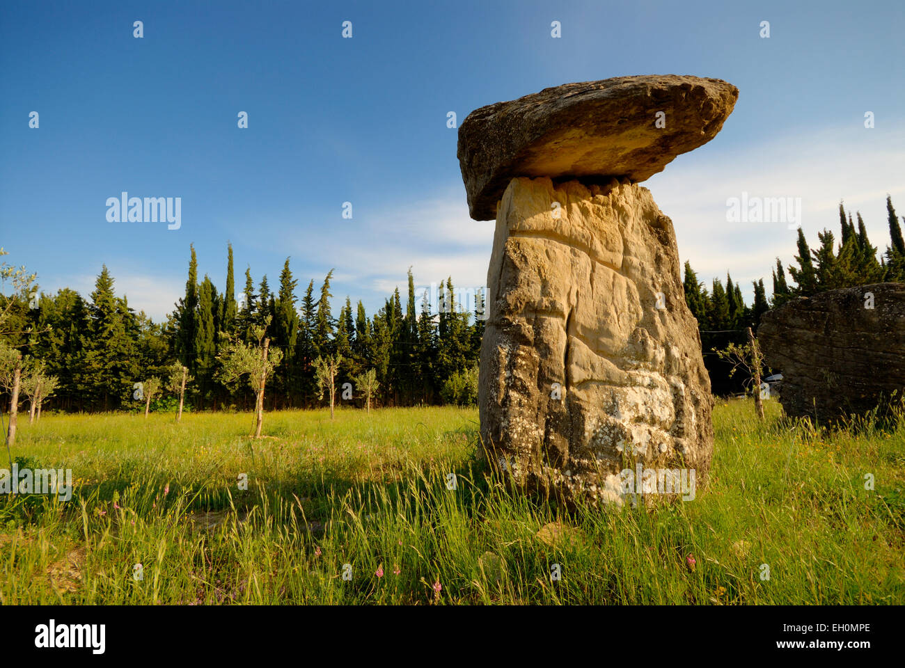 Altes Relikt aus der Steinzeit stehend auf einem Feld, Toskana, Italien Stockfoto