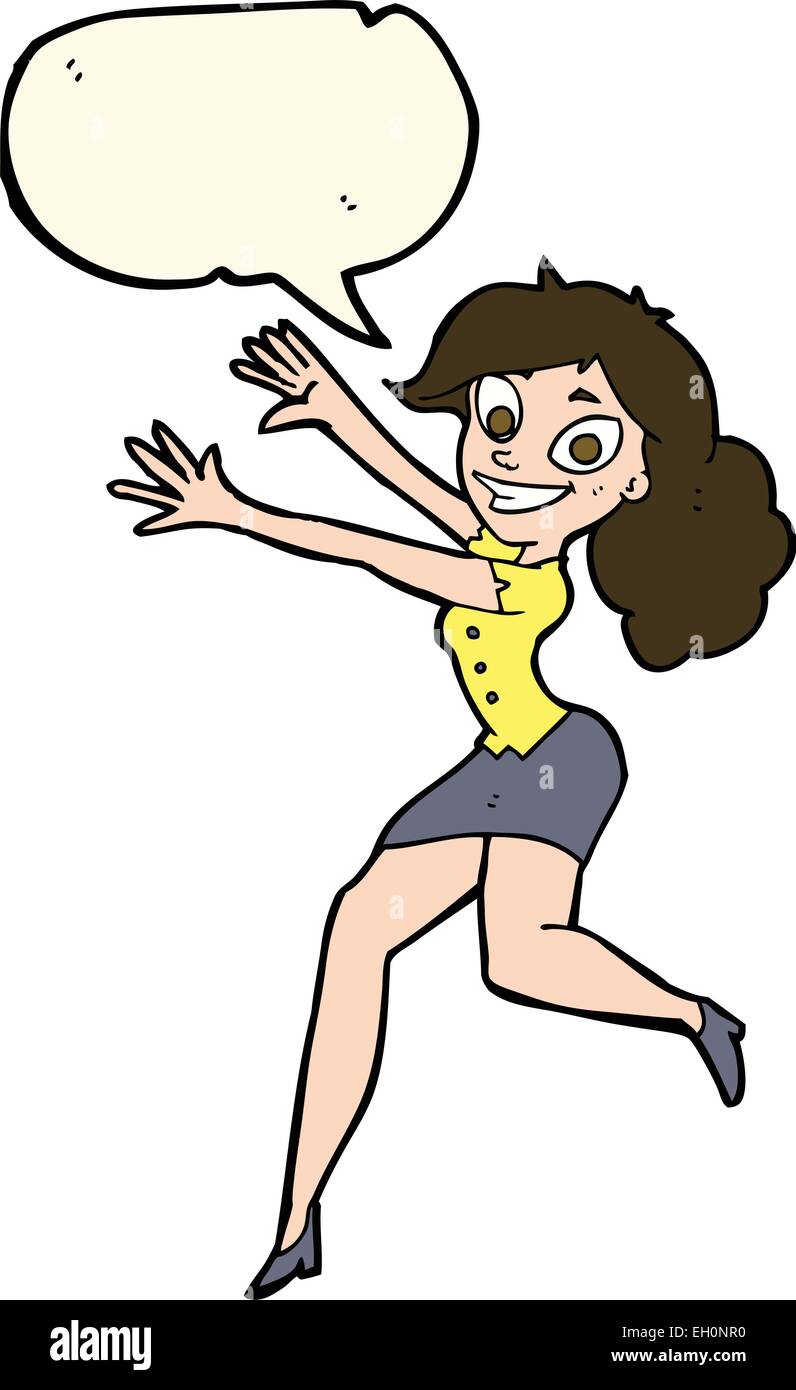 Cartoon Gluckliche Frau Springen Mit Sprechblase Stock Vektorgrafik Alamy