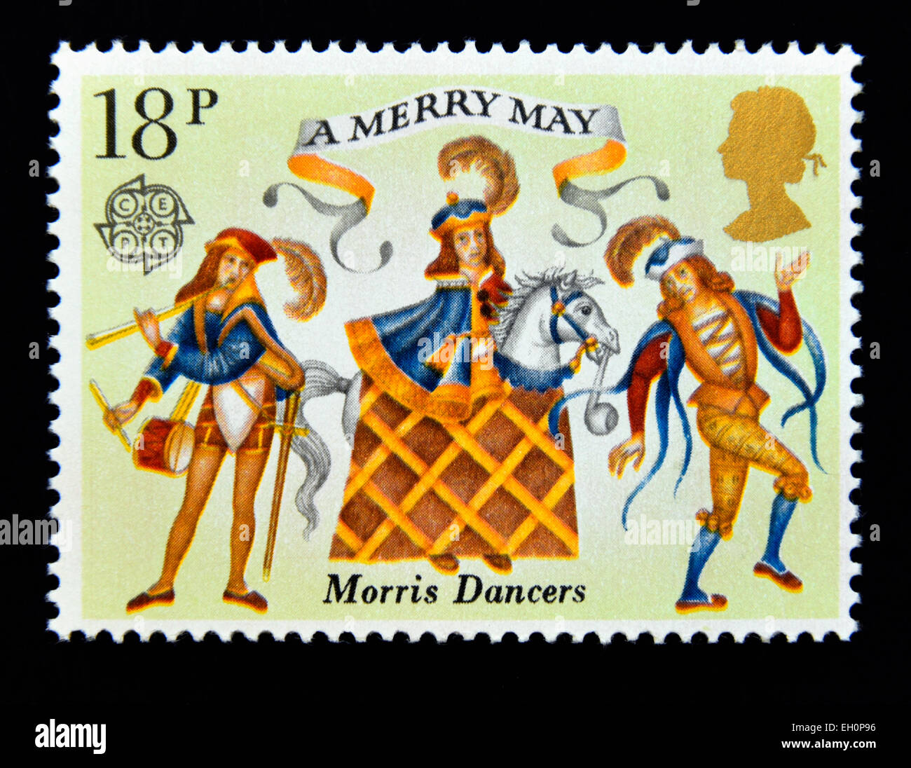 Briefmarke. Great Britain. Königin Elizabeth II. 1980. Folklore. Morris Dancers. Eine fröhliche Mai. 18p. Stockfoto