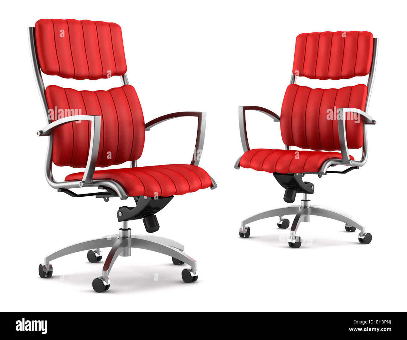 zwei moderne rote Bürostühle isoliert auf weißem Hintergrund Stockfoto