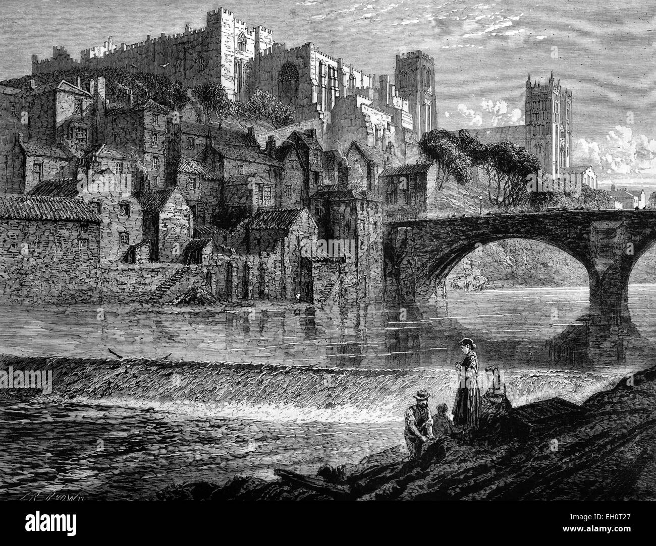 Durham Castle, der Kathedrale und der Framwellgate Brücke über die tragen Fluss, England, historische Abbildung, 1884 Stockfoto