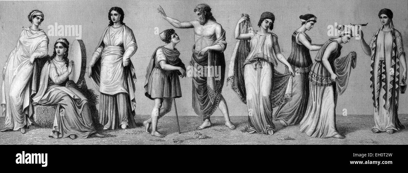Antike griechische Kostüme: verschiedene Kleidungsstücke der Pracht, kombinierte Käferschnecken, historische Abbildung Stockfoto