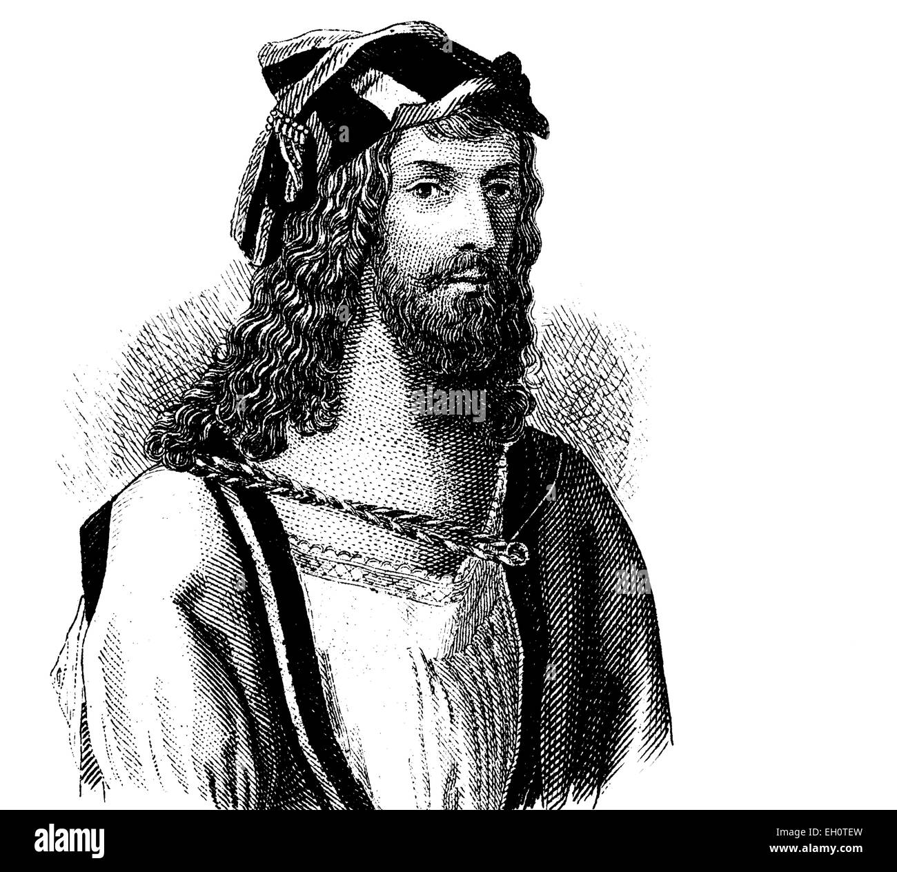 Mode im Mittelalter: Frisur um 1500, historische Illustration Stockfoto