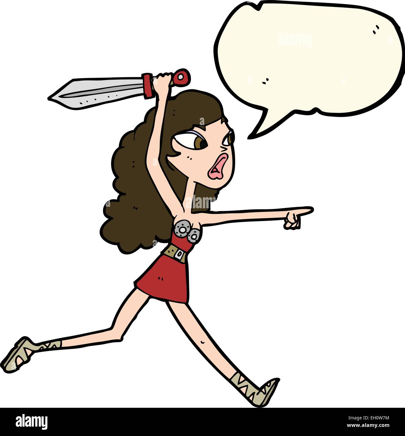 Cartoon-Viking Mädchen mit Schwert mit Sprechblase Stock Vektor