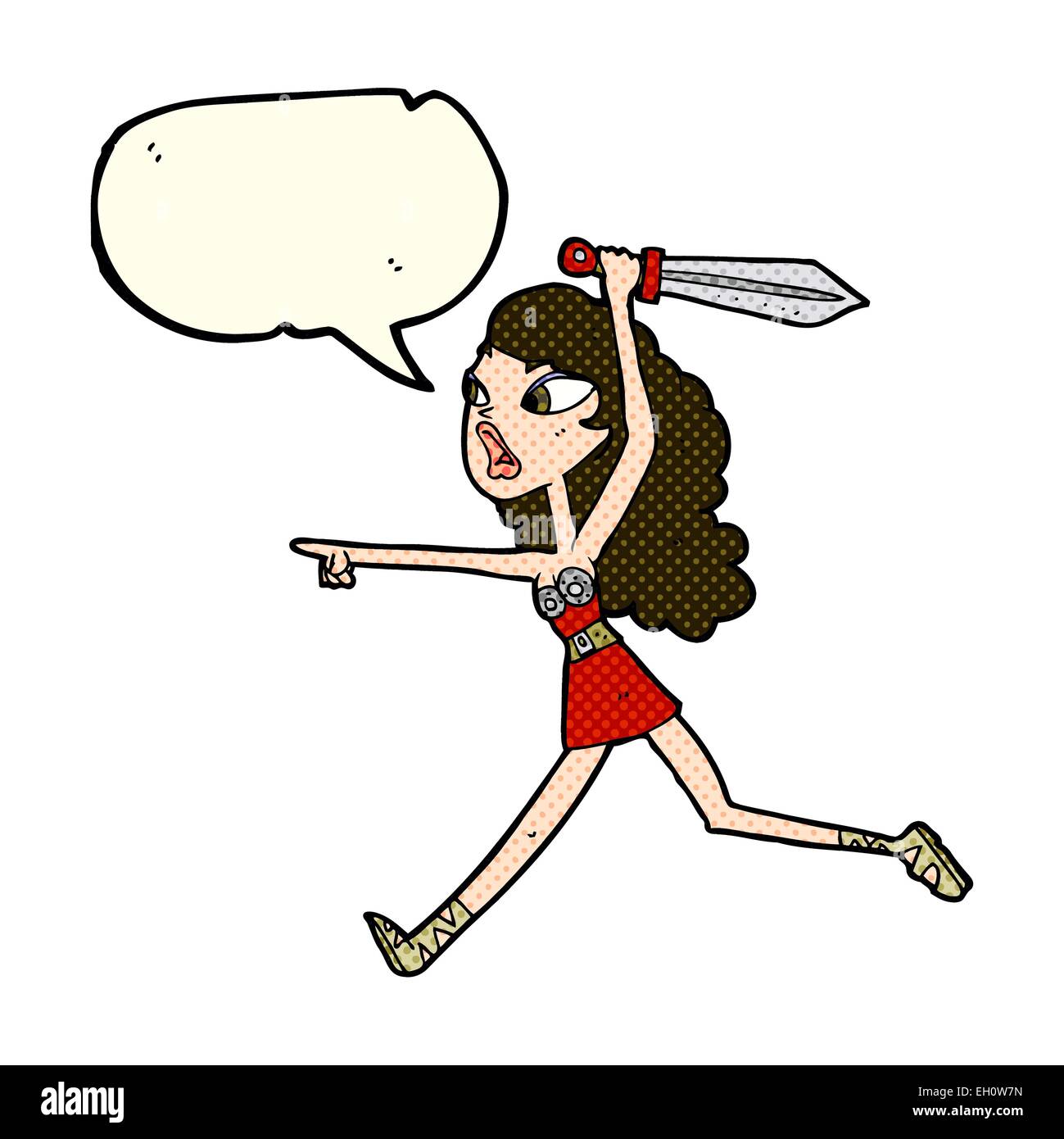 Cartoon-Viking Mädchen mit Schwert mit Sprechblase Stock Vektor