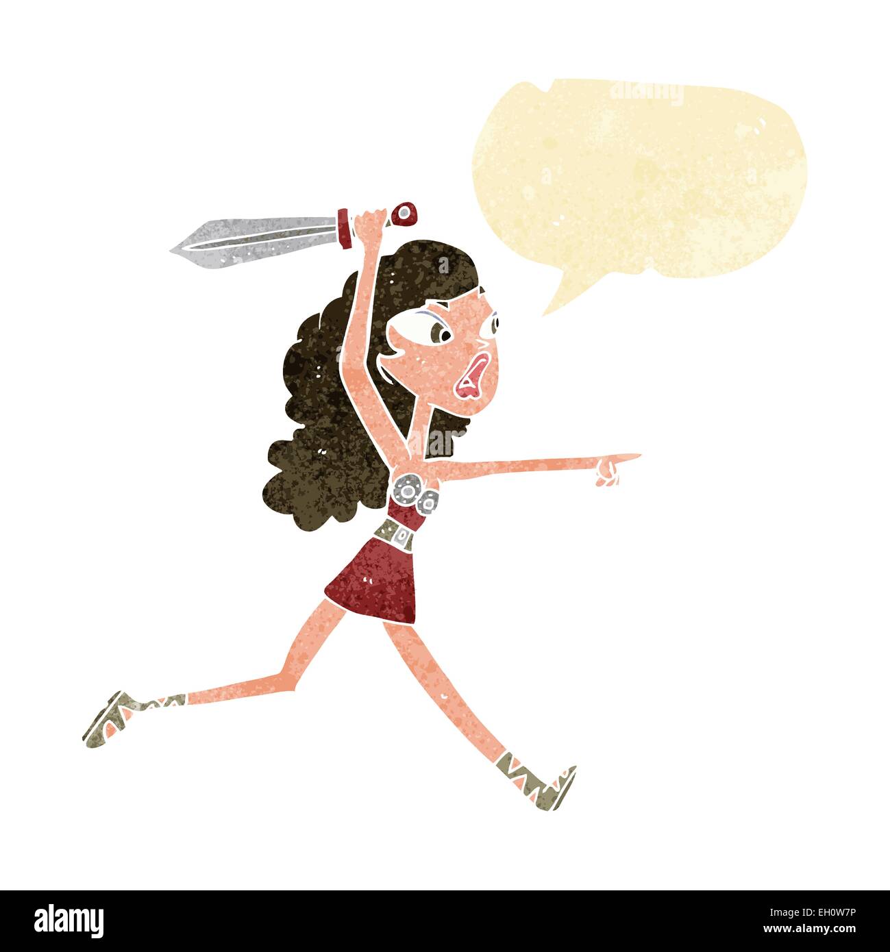 Cartoon-Viking Mädchen mit Schwert mit Sprechblase Stock Vektor