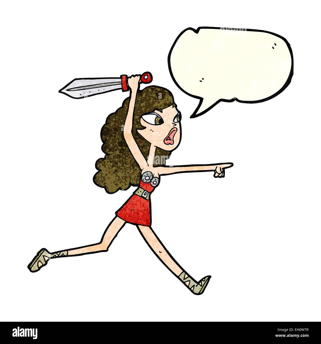 Cartoon-Viking Mädchen mit Schwert mit Sprechblase Stock Vektor