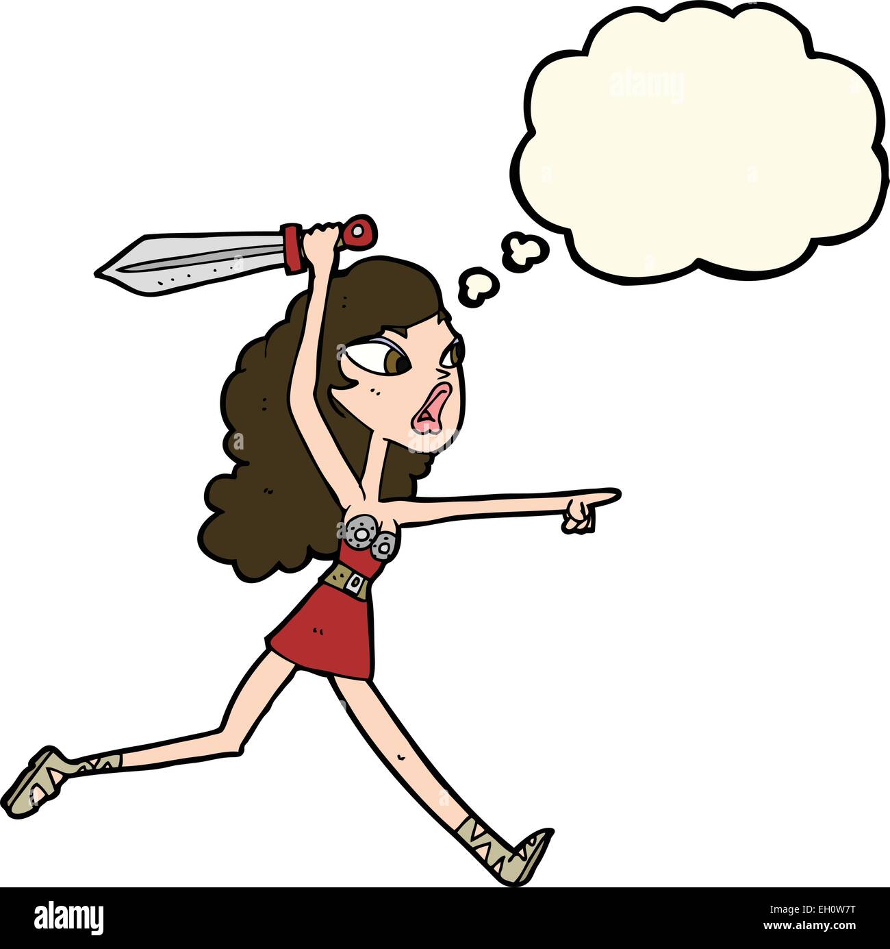 Cartoon-Viking Mädchen mit Schwert mit Gedankenblase Stock Vektor