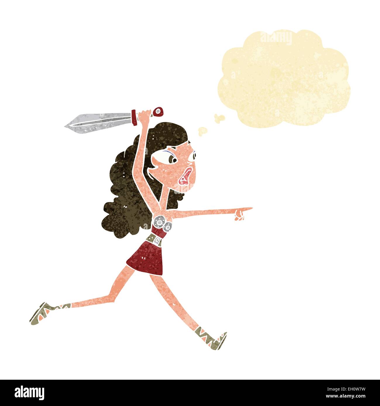 Cartoon-Viking Mädchen mit Schwert mit Gedankenblase Stock Vektor
