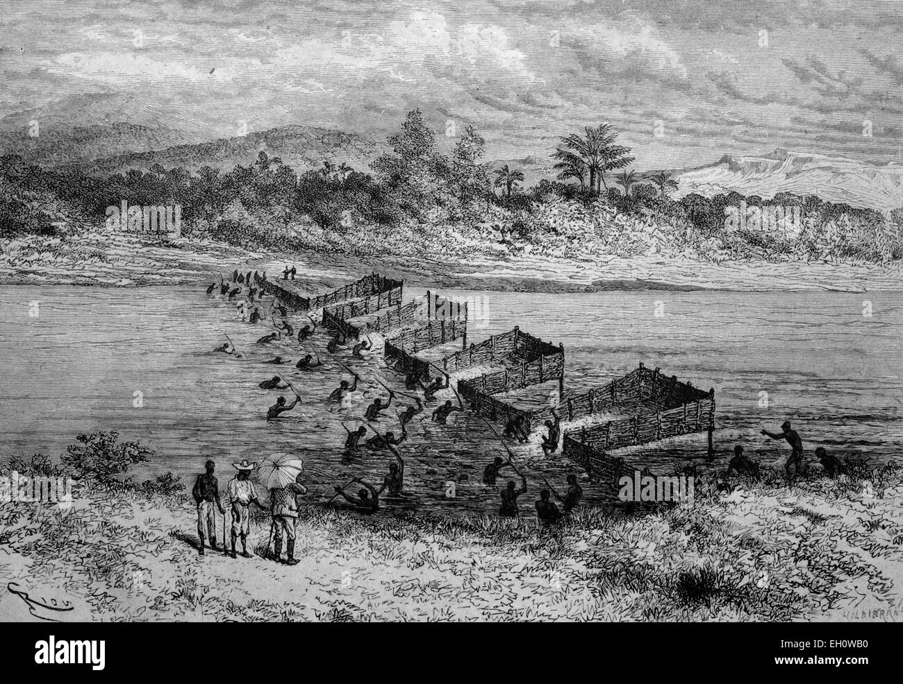 Angeln am Fluss Ogooue, Kongo, Afrika Stockfoto