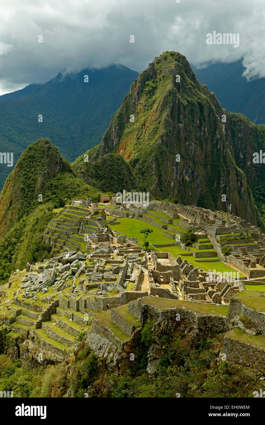 Machu Picchu Inka-Ruinen in der Nähe von Aguas Calientes, aka Machu Picchu Pueblo, Cusco, Peru Stockfoto