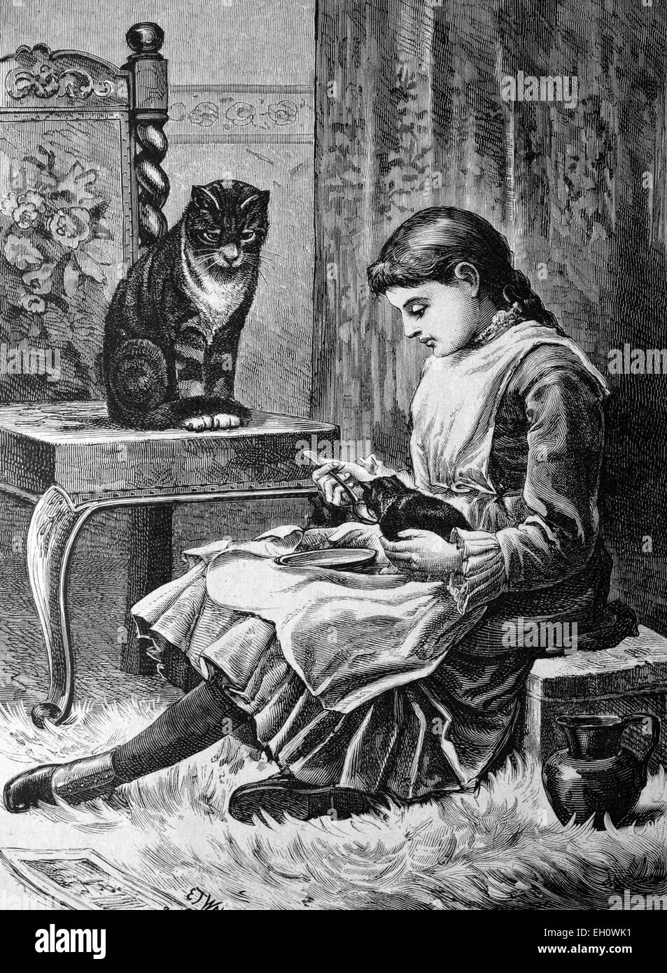 Mädchen Gängelei ein Kätzchen, die historische Abbildung, ca. 1886 Stockfoto