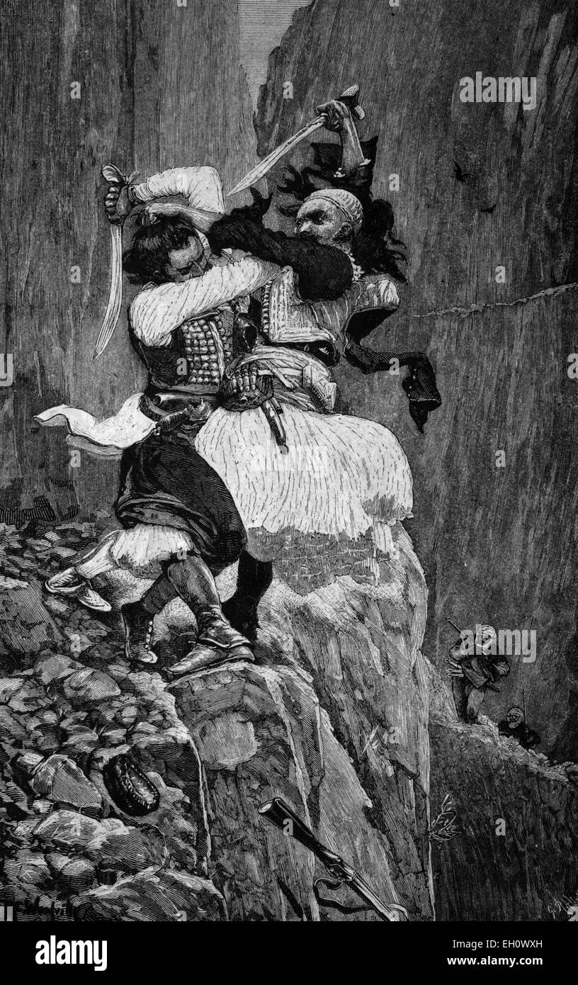 Albanisch und einer montenegrinischen in Kampf, historische Abbildung, ca. 1886 Stockfoto