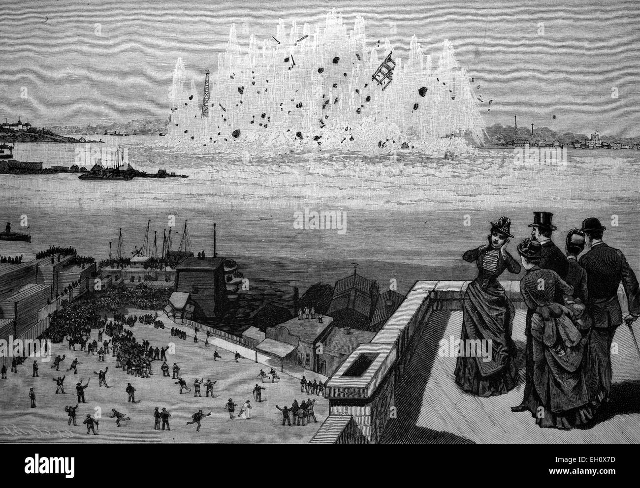 Die Sprengung der Flut Felsen in Hell Gate-Kanal an den Hafen von New York, USA, Amerika, historische Abbildung, ca. 1886 Stockfoto