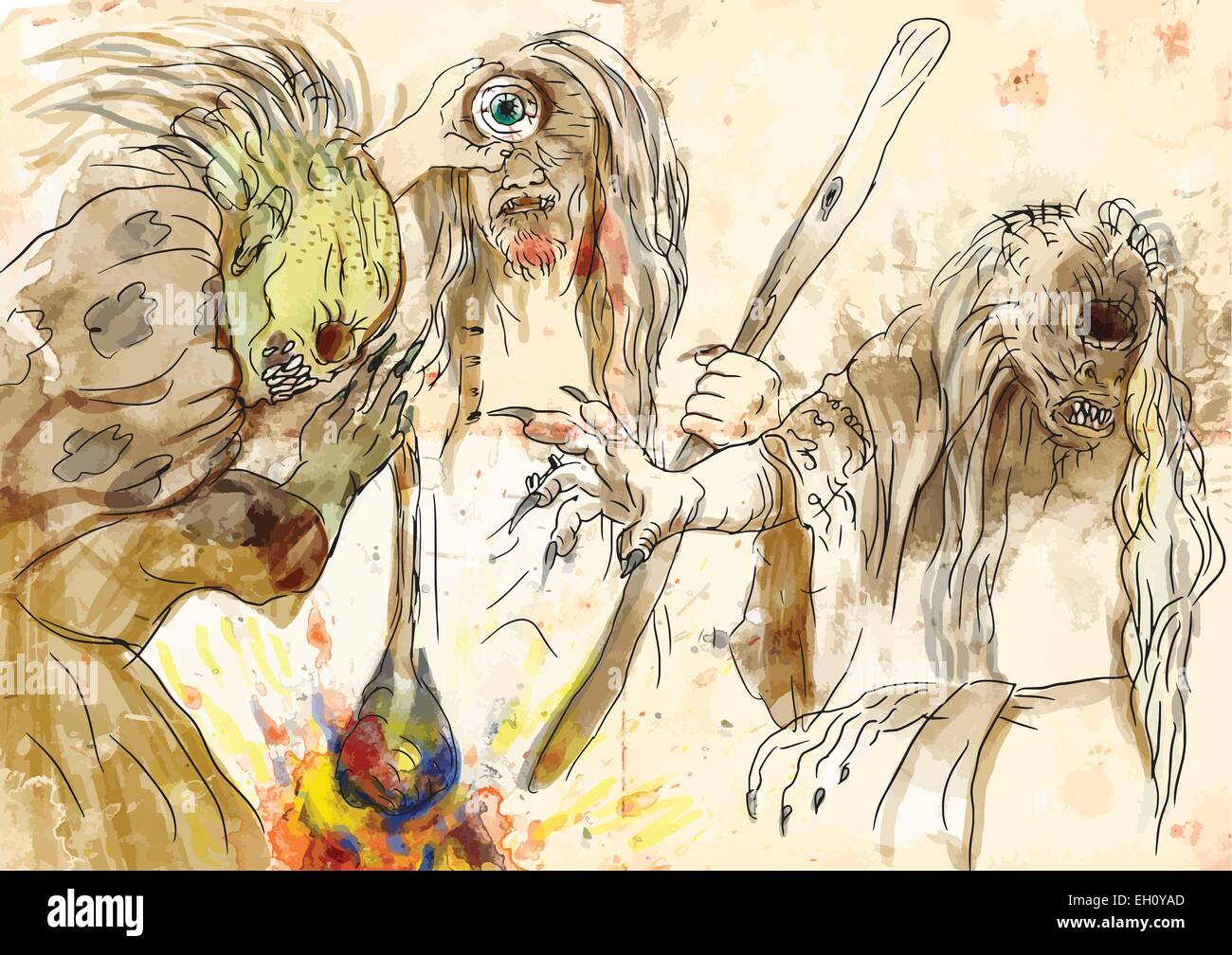 Eine Vektor-Illustration von Hand gezeichnet. Voller (Stygischen Hexen) - waren drei Schwestern, die ein Auge und einen Zahn darunter geteilt. Th Stock Vektor Eine Vektor-Illustration von Hand gezeichnet. Voller (Stygischen Hexen) - waren drei Schwestern, die ein Auge und einen Zahn darunter geteilt. Th Stock Vektor