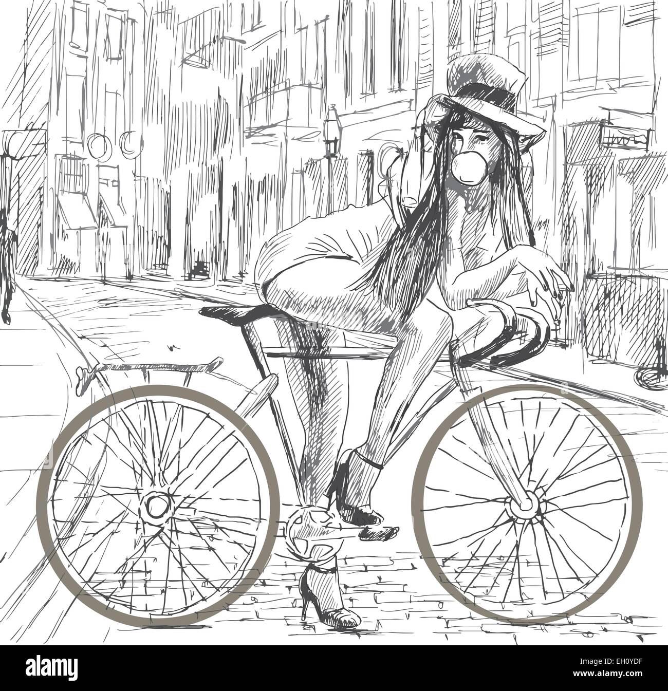 Thema: Kaugummi. Mädchen auf einem Fahrrad ausruhen und Seifenblasen. Veranschaulichung von Hand gezeichnet. Vektor - editierbare in 7 Schichten Stock Vektor