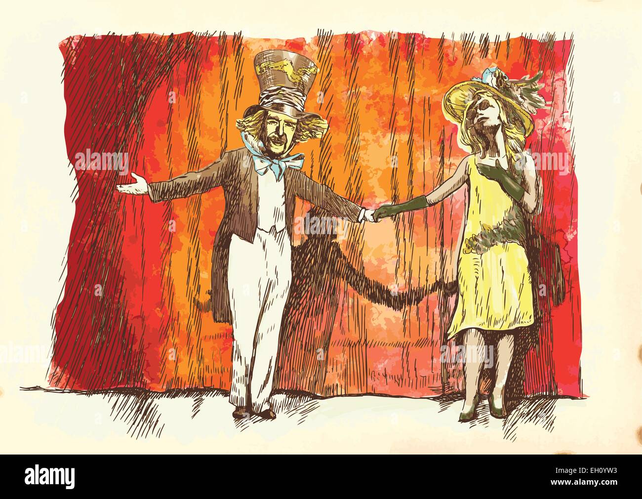 eine handgezeichnete Abbildung und bemalten Vektor - glückliches neue Jahr Kabarett - Mann und Frau (zwei Schauspieler) Stock Vektor