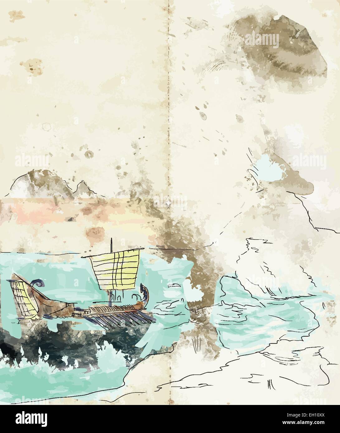 Eine Vektor-Illustration von Hand gezeichnet. Eine Triere wurde ein ...