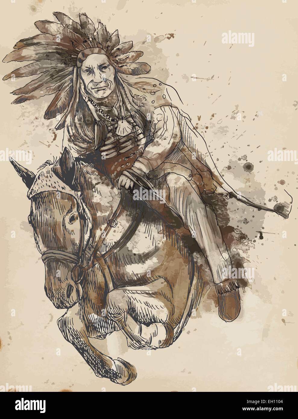 Eine Vektor-Illustration von Hand gezeichnet. Indian Chief Reiten und springen über eine Hürde. Stock Vektor