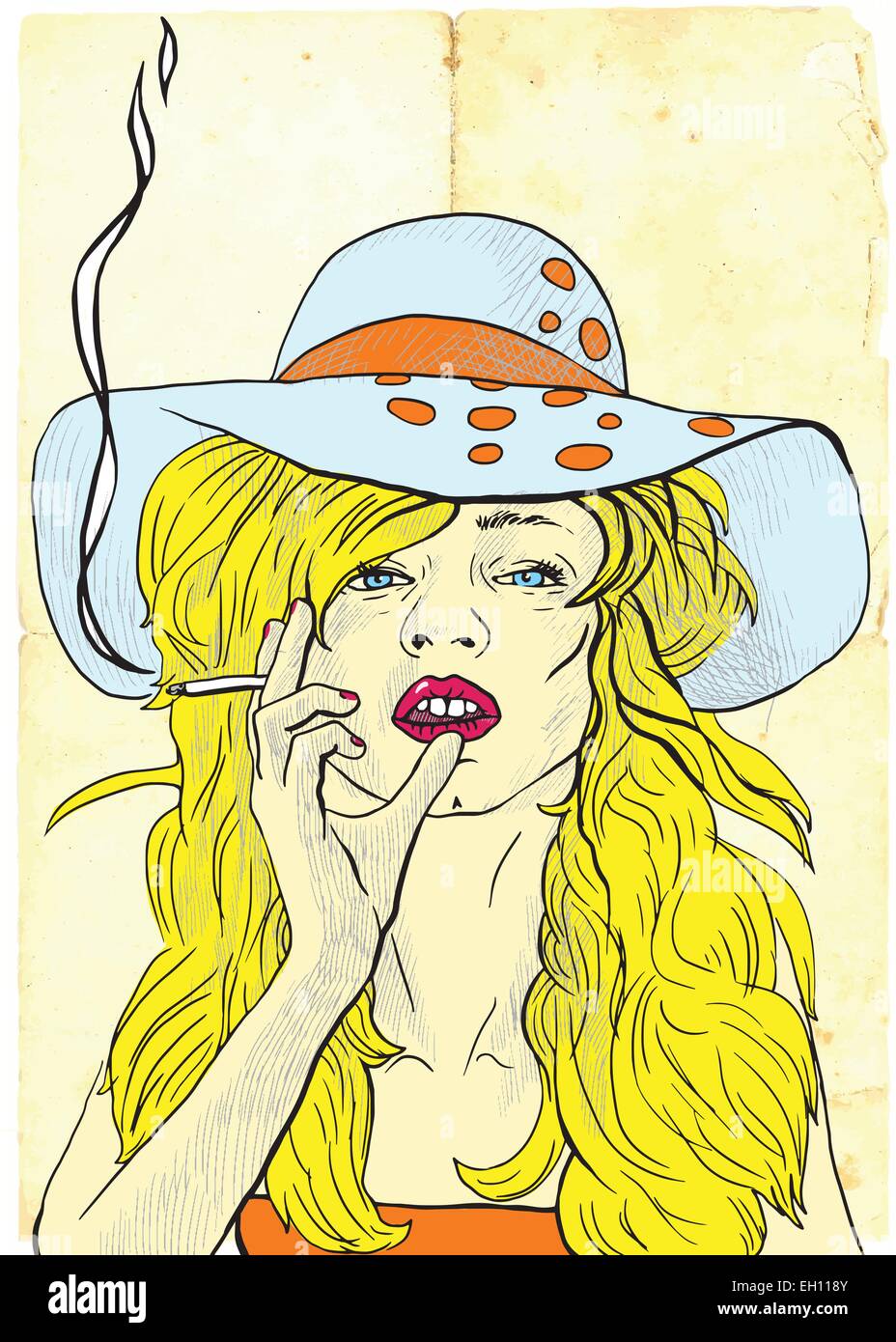 Konferenz: Nichtraucher und Raucher. Eine handgezeichnete farbige Vektor-Illustration. Schönheit mit einer Zigarette. Stock Vektor