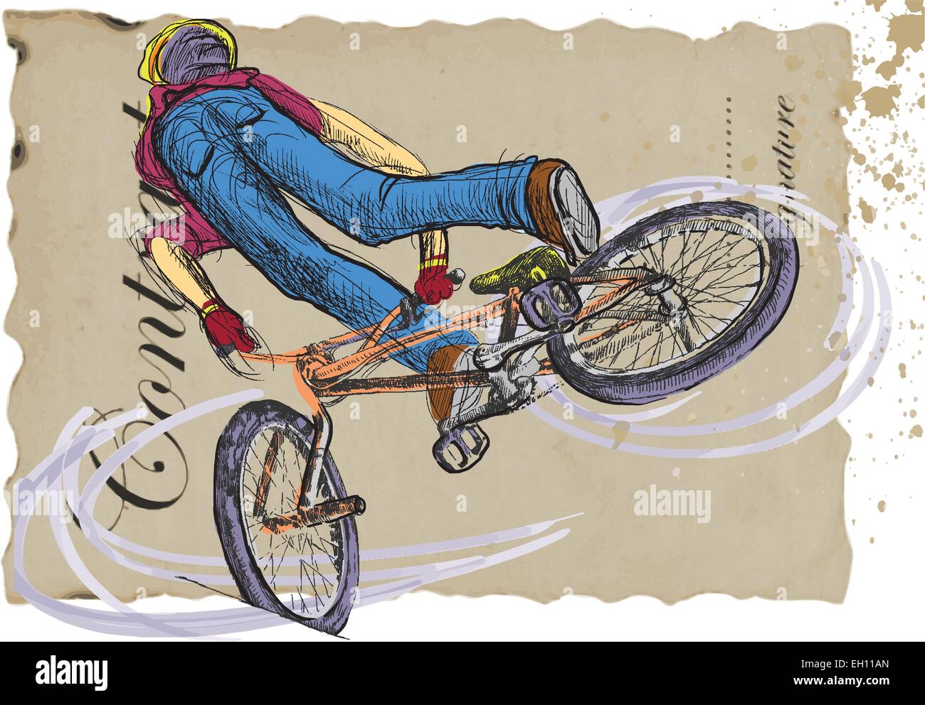 Fahrrad, Trick. Eine handgezeichnete farbige Vektor-Illustration. Stock Vektor