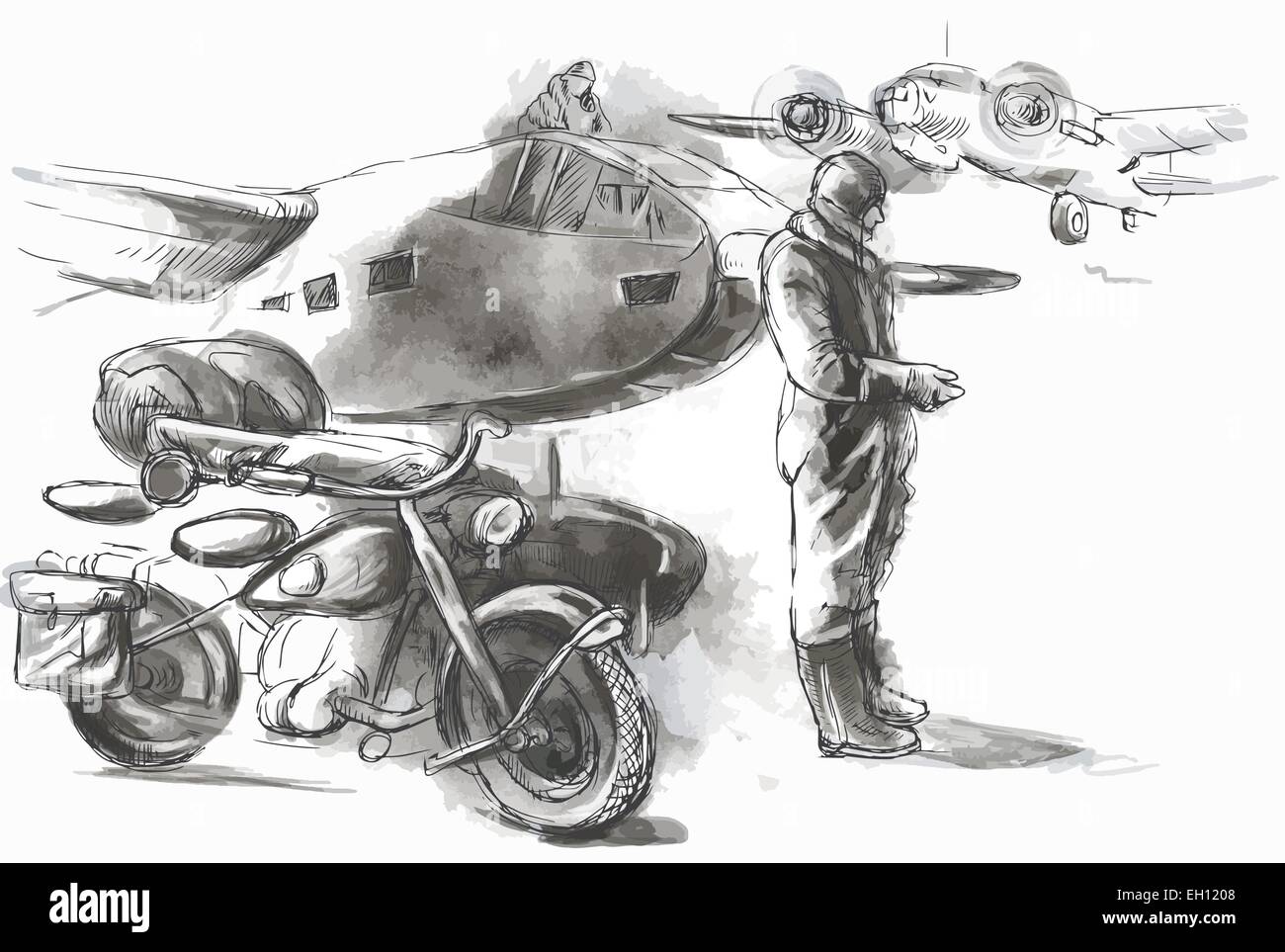 Vintage Bild aus der Serie: Welt zwischen 1905 bis 1949. Auf dem Flughafen - ein Soldat auf einem Motorrad zwischen Flugzeugen. Ein Hand-d Stock Vektor