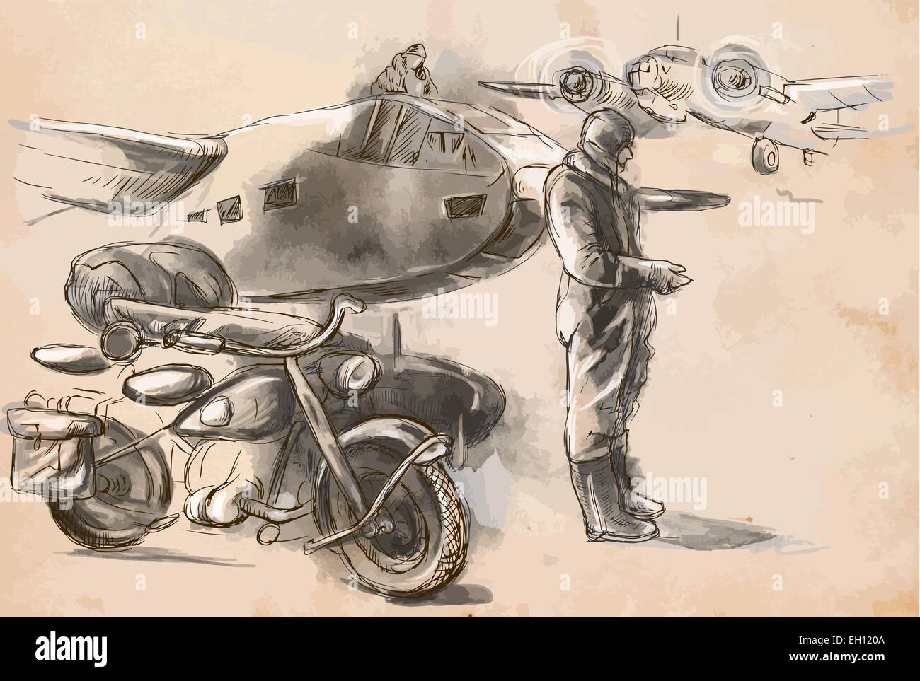 Vintage Bild aus der Serie: Welt zwischen 1905 bis 1949. Auf dem Flughafen - ein Soldat auf einem Motorrad zwischen Flugzeugen. Ein Hand-d Stock Vektor