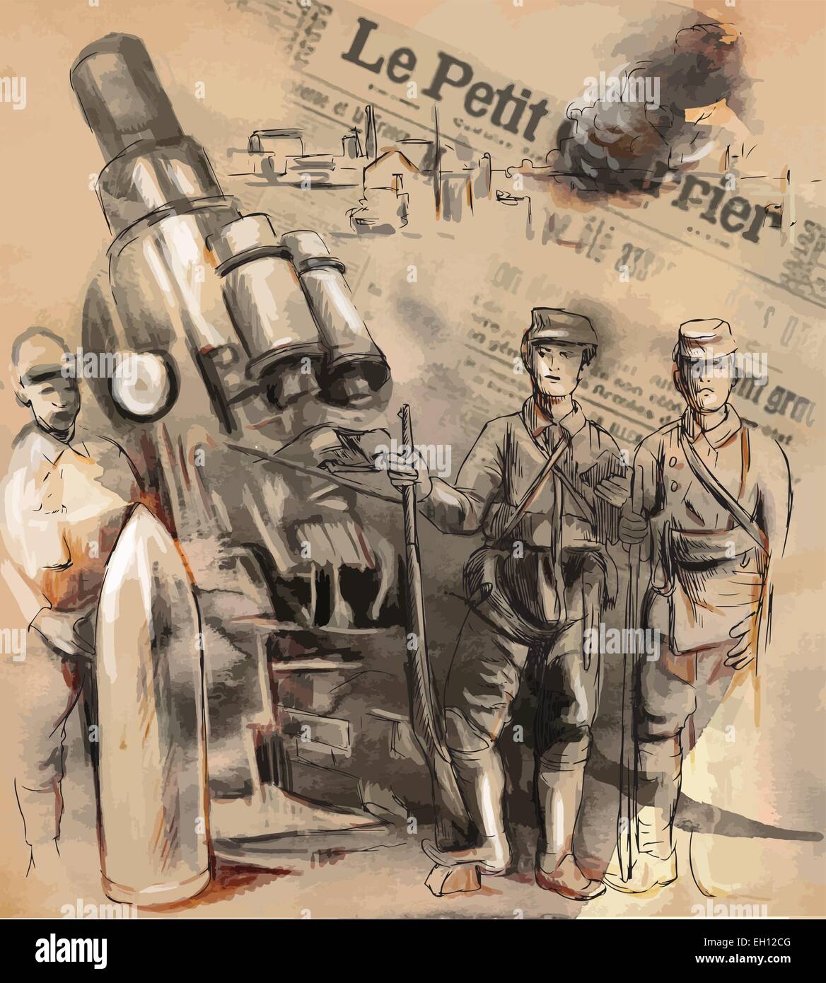 Vintage Bild aus der Serie: Welt zwischen 1905 bis 1949. Soldaten vor einer großen Haubitze (Mörtel) zu posieren. Eine Hand gezeichnet v Stock Vektor