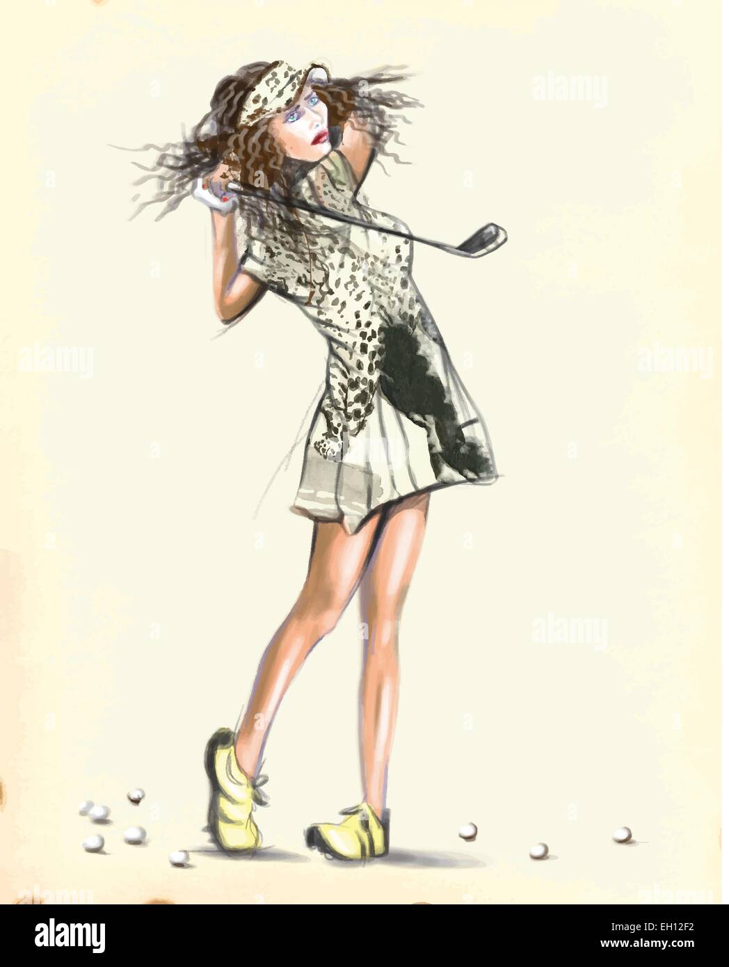 Thema: GOLF (letzte Position. Junge Frau schaut direkt in die Kamera). Eine Hand bemalt (digitale Malerei) konvertiert vecto Stock Vektor Thema: GOLF (letzte Position. Junge Frau schaut direkt in die Kamera). Eine Hand bemalt (digitale Malerei) konvertiert vecto Stock Vektor