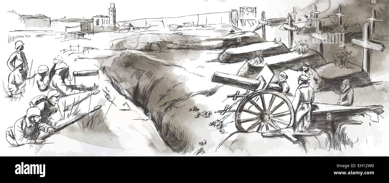 Vintage Bild aus der Serie: Welt zwischen 1905 bis 1949. Die Kämpfe in den Schützengräben. Eine handgezeichnete Vektor-Illustration (Bran Stock Vektor