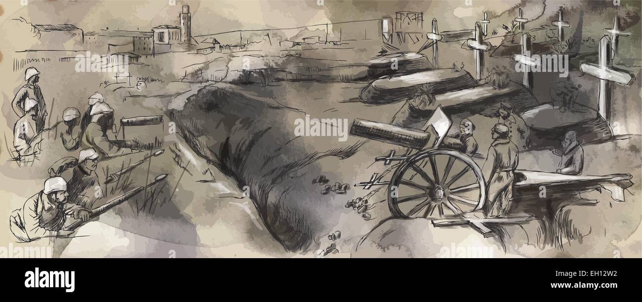 Vintage Bild aus der Serie: Welt zwischen 1905 bis 1949. Die Kämpfe in den Schützengräben. Eine handgezeichnete Vektor-Illustration (Bran Stock Vektor