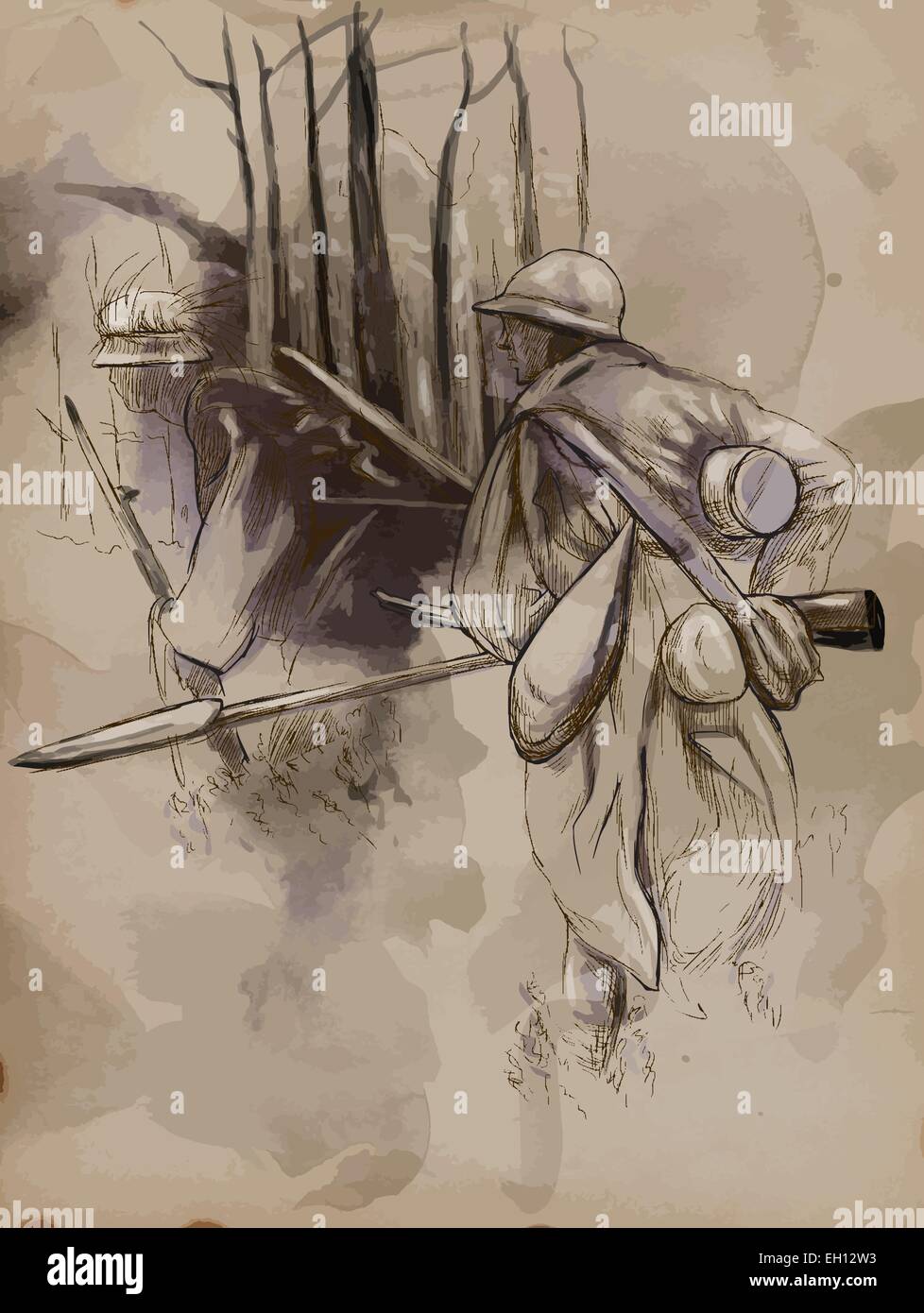 Vintage Bild aus der Serie: Welt zwischen 1905 bis 1949. Soldat mit einem Gewehr in den Wald. Eine Hand gezeichnete Vektor (umgerechnet). Stock Vektor
