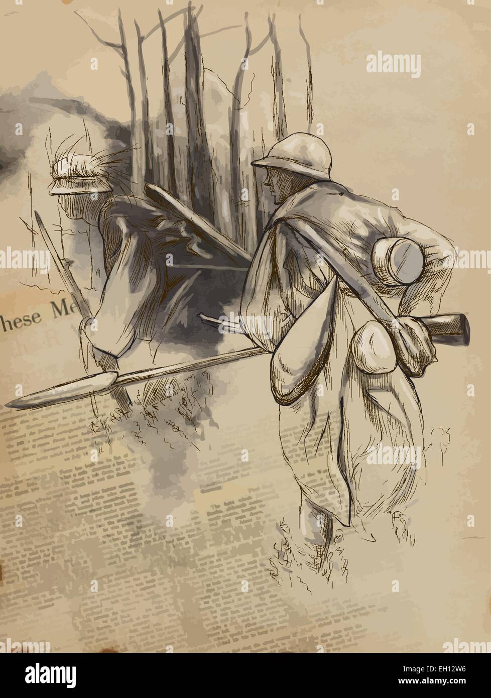 Vintage Bild aus der Serie: Welt zwischen 1905 bis 1949. Soldat mit einem Gewehr in den Wald. Eine Hand gezeichnete Vektor (umgerechnet). Stock Vektor