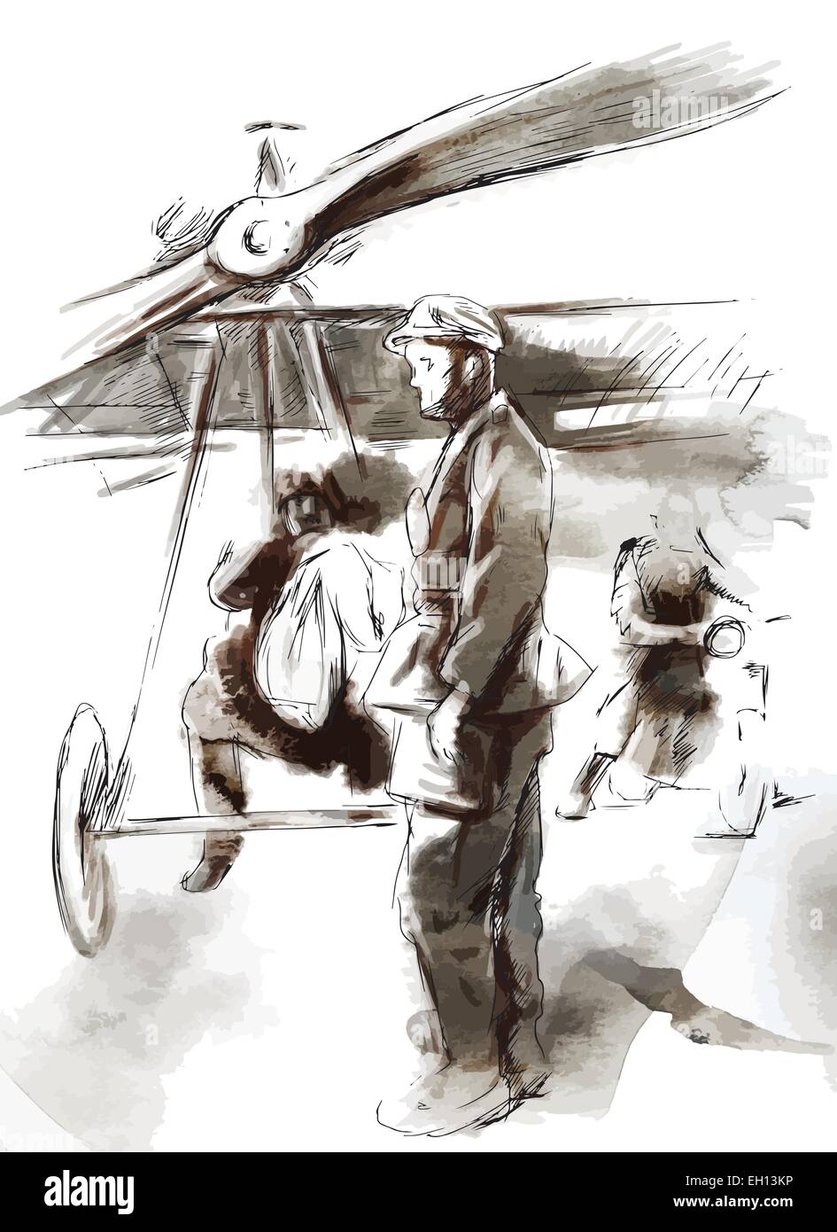 Vintage Bild aus der Serie: Welt zwischen 1905 bis 1949. Am Flughafen - Post Flugzeug mit Pilot und Soldat. Eine Hand gezeichnet Stock Vektor