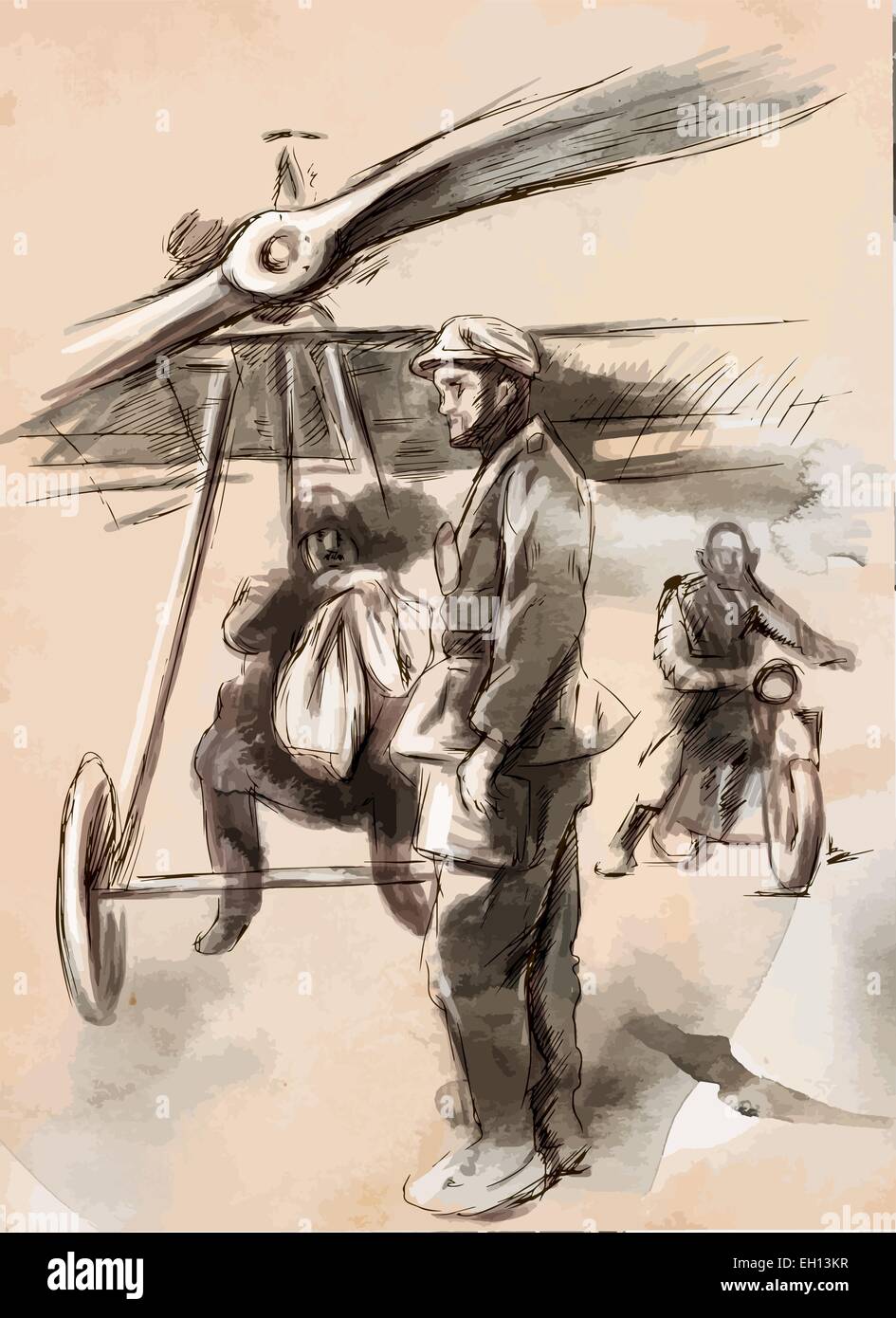 Vintage Bild aus der Serie: Welt zwischen 1905 bis 1949. Am Flughafen - Post Flugzeug mit Pilot und Soldat. Eine Hand gezeichnet Stock Vektor