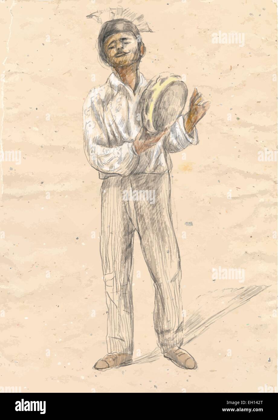 Eine Hand gezeichnete Vektor. Thema: Musik und Musiker. Tamburin Spieler - ein Zigeuner Mann spielt die Trommel. Eine handgezeichnete konvertierte vecto Stock Vektor