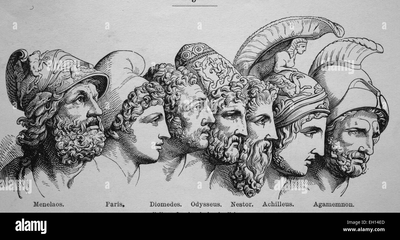 Helden des Trojanischen Krieges: Menelaos, Paris, Diomedes, Odysseus, Nestor, Achilles, Agamemnon Stockfoto