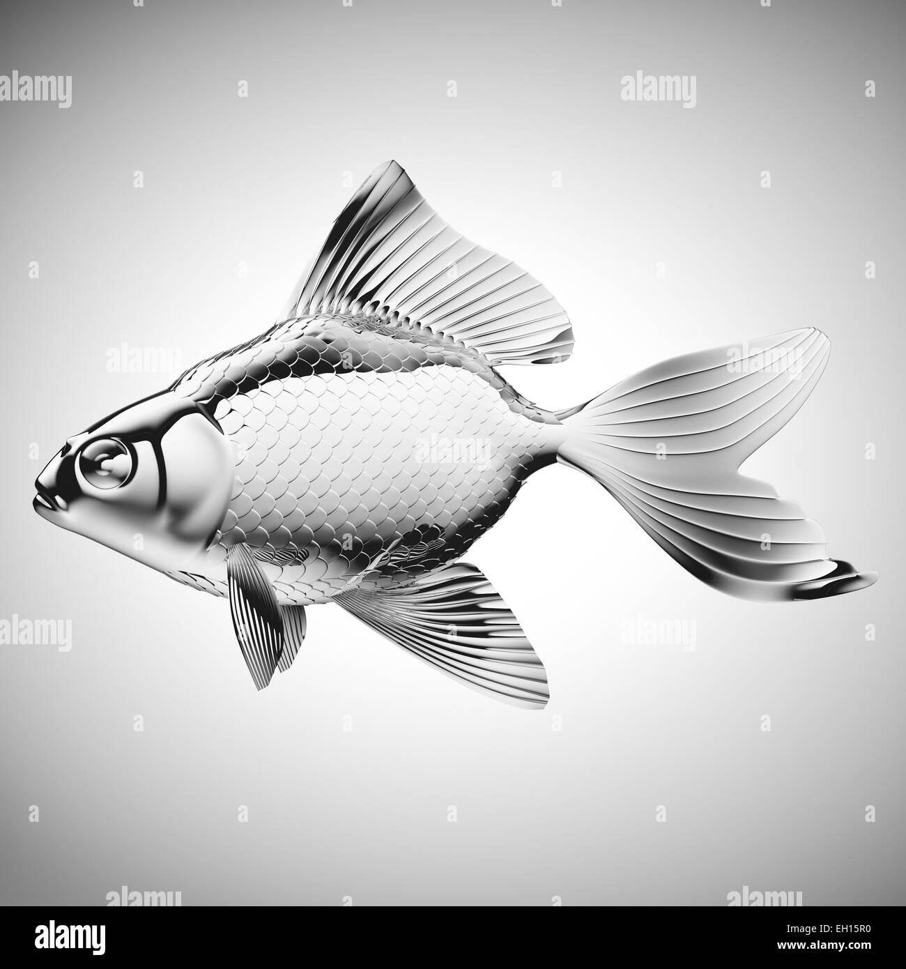 Silberfisch mit Flossen und Schuppen über Farbverlauf grau hinterlegt Stockfoto