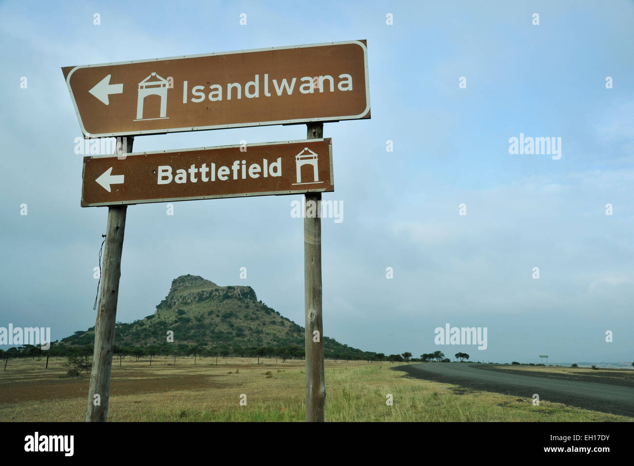 Landschaft, Schild, Berg, Isandlwana Schlachtfeld, Ort der britischen Militärkatastrophe, 22. Januar 1879, Anglo-Zulu-Krieg, KwaZulu-Natal, Südafrika Stockfoto