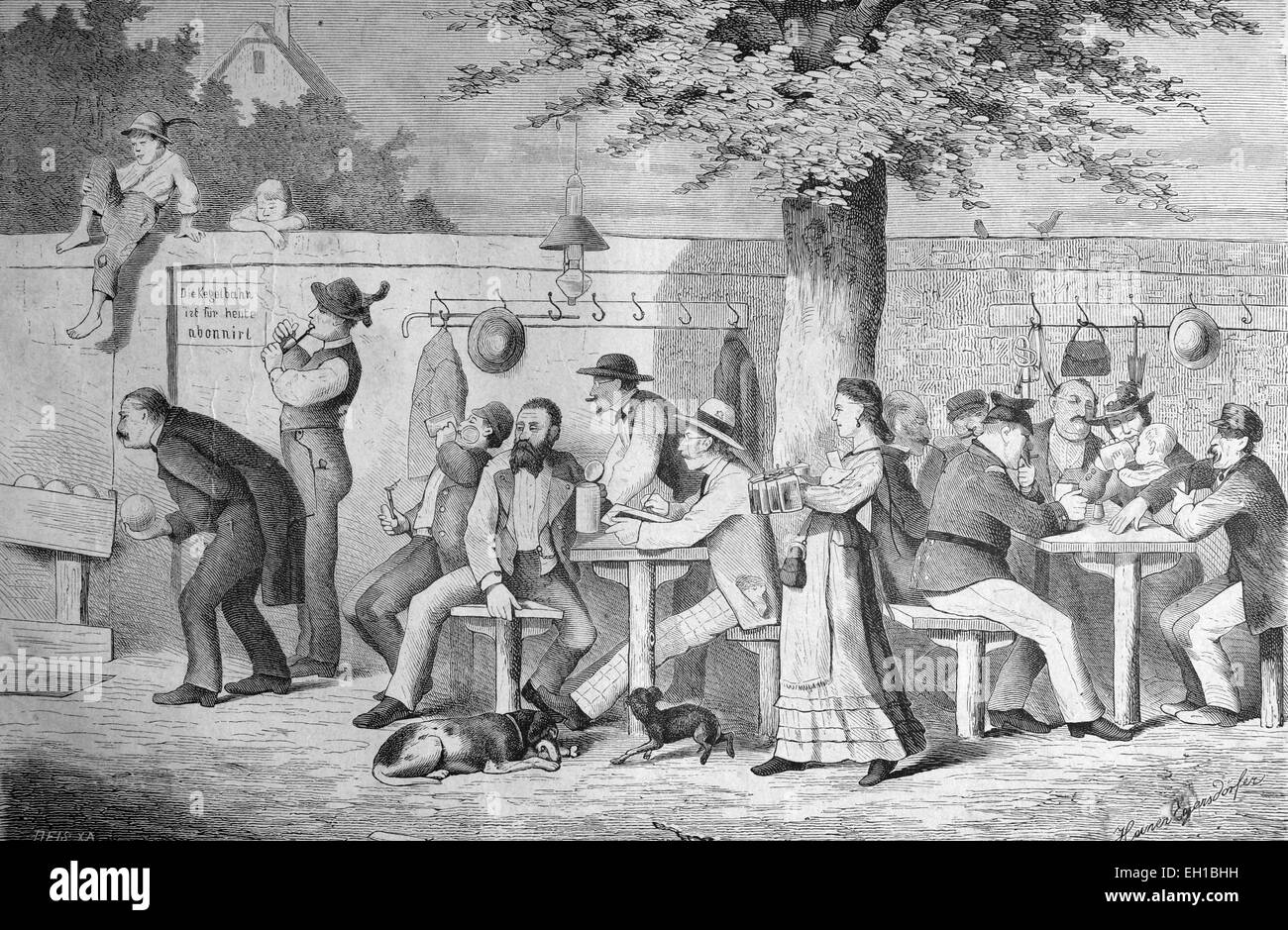 Münchner Bier Garten, Deutschland, historische Abbildung, 1877 Stockfoto