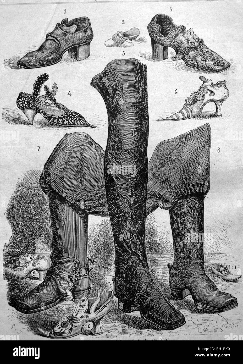 Schuh-Mode aus dem Mittelalter, 1 - Gentry Schuh 2 - Kinderschuh, 3 Stiefel - Schuh von Höfling, 4 - Damenschuhe von Gericht von Louis XV, 5 - Stiefel aus dem 16. Jahrhundert, 6 - Damenschuh aus der Zeit der Medici, 7 - Reitstiefel, 8-, 9 - Damenschuh unter Louis XIV, 10 - Damenschuh von Gericht von Louis XV , 11 - Schuh eines Prinzen aus der Zeit von Louis XII, historische Abbildung, 1877 Stockfoto