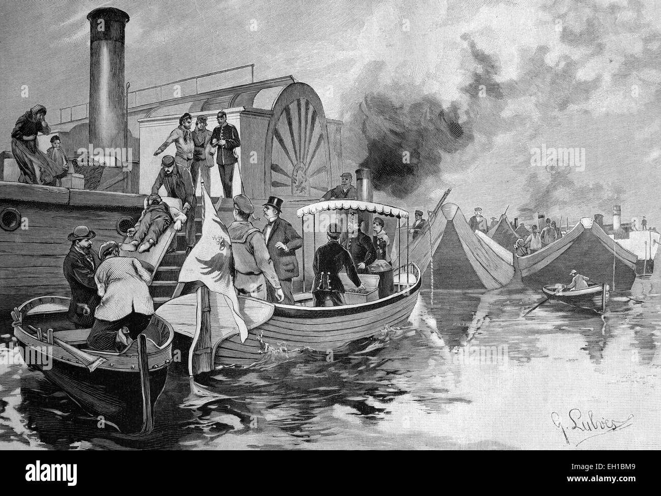 Polizeiboot Dampf begleitet ein Schiff Verdacht des Tragens Cholera-Opfer an der Havel bei Spandau, Deutschland, Stockfoto
